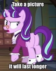 Size: 414x520 | Tagged: safe, edit, edited screencap, screencap, snowfall frost, starlight glimmer, pony, a hearth's warming tail, g4, butt, caption, cropped, female, glimmer glutes, image macro, irony, meme, plot, solo