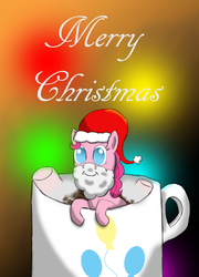 Size: 1400x1945 | Tagged: safe, artist:darkprinceismyname, pinkie pie, earth pony, pony, g4, :i, chocolate, cup, cup of pony, cute, female, food, hat, hot chocolate, leaning, marshmallow, merry christmas, micro, santa hat, smiling, solo