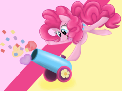Size: 1024x768 | Tagged: safe, artist:sonicanddisneyland1, pinkie pie, earth pony, pony, g4, confetti, female, handstand, party cannon, solo, upside down