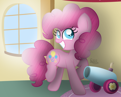 Size: 2501x2011 | Tagged: safe, artist:bubbly-storm, pinkie pie, earth pony, pony, g4, female, high res, party cannon, signature, smiling, solo