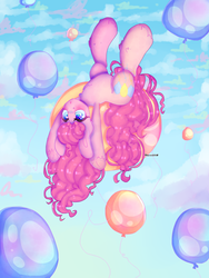 Size: 3000x4000 | Tagged: safe, artist:bunxl, pinkie pie, earth pony, pony, g4, :o, balloon, chest fluff, cloud, female, floating, mare, on back, open mouth, redraw, signature, sky, solo, starry eyes, then watch her balloons lift her up to the sky, wingding eyes