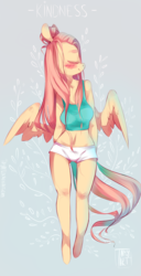 Size: 1600x3120 | Tagged: safe, artist:tamyarts, fluttershy, anthro, unguligrade anthro, g4, belly button, blushing, clothes, eyes closed, female, midriff, shorts, smiling, solo, spread wings, tank top