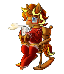 Size: 1621x1889 | Tagged: safe, artist:renokim, oc, oc only, oc:city roast, pony, unicorn, clothes, cup, glasses, male, rocking chair, simple background, solo, stallion, stockings, sweater, transparent background