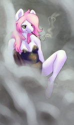 Size: 694x1173 | Tagged: safe, artist:elvche, oc, oc only, earth pony, anthro, unguligrade anthro, commission, female, smoke, solo