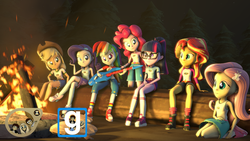 Size: 3840x2160 | Tagged: dead source, safe, artist:timetimeout, applejack, fluttershy, pinkie pie, rainbow dash, rarity, sci-twi, sunset shimmer, twilight sparkle, equestria girls, g4, my little pony equestria girls: legend of everfree, 3d, bonfire, camper, clothes, converse, cowboy hat, download at source, fire, gmod, guitar, hat, high res, shoes, sitting, sneakers, source filmmaker, source filmmaker resource, stetson