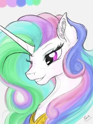 Size: 400x533 | Tagged: safe, artist:firimil, princess celestia, pony, g4, alternate hairstyle, bust, ear fluff, female, portrait, simple background, smiling, solo