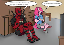 Size: 1024x723 | Tagged: safe, artist:nwinter3, pinkie pie, anthro, plantigrade anthro, g4, bowl, chair, couch, crossed legs, crossover, deadpool, death battle, dialogue, eyes closed, fourth wall, open mouth, smiling, television