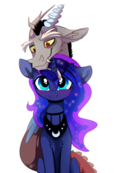 Size: 3000x4494 | Tagged: safe, artist:elementalokami, discord, princess luna, draconequus, pony, g4, blue eyes, chest fluff, cute, discute, fangs, floppy ears, high res, horn, lunabetes, male, missing accessory, outline, ship:lunacord, shipping, simple background, smiling, straight, transparent background, white outline
