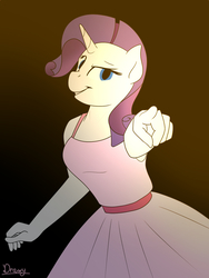 Size: 1200x1600 | Tagged: safe, artist:timidwithapen, rarity, anthro, g4, ballerina, clothes, dress, female, gradient background, looking at you, pointing, smiling, solo