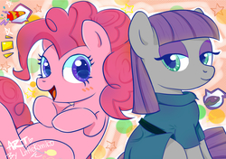Size: 2480x1748 | Tagged: safe, artist:kumikoponylk, maud pie, pinkie pie, earth pony, pony, g4, cute, party horn, pictogram, rock, sisters, smiling, when she smiles