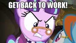 Size: 1104x621 | Tagged: safe, edit, edited screencap, screencap, rainbow dash, snowdash, snowfall frost, starlight glimmer, a hearth's warming tail, g4, caption, clothes, discovery family logo, faic, frock coat, glasses, image macro, jabot, looking at each other, male, meme, reference, regular show, shirt, spectacles