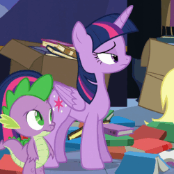 Size: 530x530 | Tagged: safe, screencap, derpy hooves, spike, twilight sparkle, alicorn, pony, g4, to where and back again, animated, blinking, book, box, duo, gif, raised eyebrow, raised hoof, twilight sparkle (alicorn)
