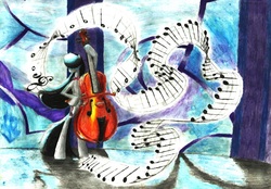 Size: 3284x2285 | Tagged: safe, artist:thatonegib, octavia melody, earth pony, pony, g4, bow (instrument), cello, cello bow, colored pencil drawing, female, high res, looking down, musical instrument, scene interpretation, solo, traditional art