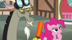 Size: 480x270 | Tagged: safe, artist:wissle, edit, edited screencap, screencap, discord, pinkie pie, rainbow dash, draconequus, earth pony, pony, g4, season 5, what about discord?, airhead, animated, cloud, cute, dilated pupils, eye shimmer, eyes closed, female, gif, goggles, grin, happy, licking, licking lips, male, mare, narcissism, open mouth, parody, scene parody, smiling, sound at source, talking, tongue out, youtube link