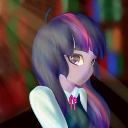 Size: 5000x5000 | Tagged: safe, artist:muserkikki, twilight sparkle, equestria girls, g4, absurd resolution, alternate clothes, book, clothes, cute, female, library, looking at you, school uniform, solo, twiabetes