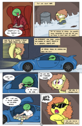 Size: 1984x3035 | Tagged: safe, artist:shoutingisfun, oc, oc only, oc:anon, earth pony, pony, comic:the little match filly, book, burger, car, comic, female, filly, food, glasses, hamburger, mood whiplash, movie quote, snow, stranger danger, sunglasses, terminator, terminator 2, the little match girl, trash can, wat