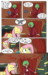 Size: 1984x3035 | Tagged: safe, artist:shoutingisfun, fluttershy, sweetie belle, oc, oc:anon, human, pony, comic:the little match filly, g4, absolutely disgusting, book, christmas tree, clothes, comic, couch, dialogue, duo, fireplace, fluttershy is not amused, food, mince pie, mouth hold, oblivious, onomatopoeia, open mouth, peeved, pie, present, profile, robe, smiling, speech bubble, sweetie belle is not amused, the little match girl, this will end in tears and/or death, tree, unamused