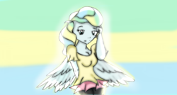 Size: 1536x821 | Tagged: safe, artist:toontownjoy, vapor trail, human, g4, backlighting, clothes, cute, female, humanized, pantyhose, pony coloring, shirt, skirt, solo, t-shirt, winged humanization
