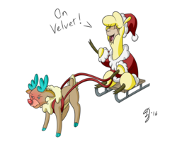 Size: 3000x2400 | Tagged: safe, artist:geminishadows, paprika (tfh), velvet (tfh), alpaca, deer, reindeer, them's fightin' herds, blushing, clothes, community related, costume, hat, high res, rudolph the red nosed reindeer, santa costume, santa hat, simple background, sled, transparent background, unamused, velvet is not amused