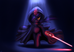 Size: 3508x2480 | Tagged: dead source, safe, artist:jeki, oc, pony, unicorn, 20th century fox, cape, clothes, crossover, disney, glowing horn, high res, horn, lightning, lightsaber, looking at you, lucasfilm, magic, rogue one: a star wars story, sith, solo, star wars, weapon