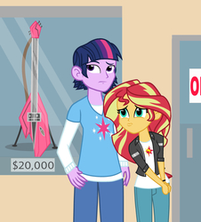 Size: 2214x2453 | Tagged: dead source, safe, artist:drewmwhit, sunset shimmer, twilight sparkle, equestria girls, g4, clothes, cute, dollar sign, door, dusk shine, electric guitar, equestria guys, expensive, guitar, half r63 shipping, high res, looking away, male, musical instrument, pants, prince dusk, puppy dog eyes, rule 63, shimmerbetes, ship:duskshimmer, ship:sunsetsparkle, shipping, store, straight, window