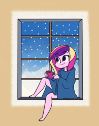 Size: 2500x3200 | Tagged: safe, artist:khuzang, dean cadance, princess cadance, equestria girls, g4, barefoot, blanket, chocolate, feet, female, food, high res, hot chocolate, snow, solo, toes, window, winter