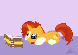 Size: 1024x724 | Tagged: safe, artist:puppermints, sunburst, pony, g4, book, cute, happy, male, missing accessory, prone, reading, smiling, solo, studying, sunbetes, watermark