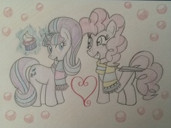 Size: 960x720 | Tagged: safe, artist:cottoncattailtoony, pinkie pie, starlight glimmer, g4, christmas, clothes, cupcake, food, heart, hoof hold, magic, scarf, smiling, traditional art, tray