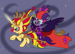 Size: 3508x2550 | Tagged: safe, artist:cybersquirrel, sci-twi, sunset shimmer, twilight sparkle, pony, equestria girls, g4, christmas, cute, daydream shimmer, equestria girls ponified, flying, high res, midnight sparkle, midnightabetes, night, night sky, ponified, red nosed reindeer, sleigh