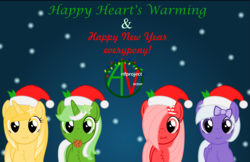 Size: 2824x1830 | Tagged: safe, artist:arifproject, oc, oc only, oc:comment, oc:downvote, oc:favourite, oc:upvote, alicorn, earth pony, pegasus, pony, unicorn, derpibooru, g4, arif's scrunchy pone, christmas, cookie, cute, derpibooru ponified, food, hair accessory, hair over one eye, hat, leaf, logo, looking at you, meta, ponified, santa hat, simple background, snow, snowfall, vector