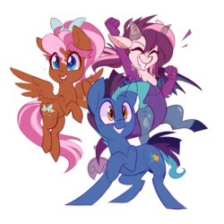 Size: 5400x5400 | Tagged: source needed, safe, artist:meekcheep, oc, oc only, oc:bowtie, oc:mirage, oc:tiebreaker, draconequus, earth pony, pegasus, pony, absurd resolution, group shot, happy, ponycon, simple background, smiling, transparent background, trio