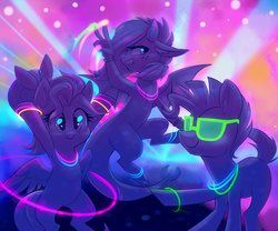 Size: 4000x3321 | Tagged: source needed, safe, artist:meekcheep, oc, oc only, oc:bowtie, oc:mirage, oc:tiebreaker, draconequus, earth pony, pegasus, pony, armpits, color porn, dance party, dancing, glasses, ponycon, rave