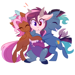 Size: 6000x6000 | Tagged: source needed, safe, artist:meekcheep, oc, oc only, oc:bowtie, oc:mirage, oc:tiebreaker, draconequus, earth pony, pegasus, pony, absurd resolution, gang hape, group hug, hape, happy, hug, looking at you, personal space invasion, ponycon, simple background, smiling, surprised, transparent background
