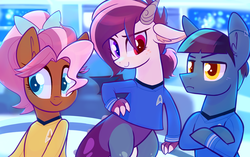 Size: 4557x2853 | Tagged: source needed, safe, artist:meekcheep, oc, oc only, oc:bowtie, oc:mirage, oc:tiebreaker, draconequus, earth pony, pegasus, pony, crossover, high res, ponycon, star trek