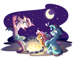 Size: 4500x3600 | Tagged: source needed, safe, artist:jadedjynx, oc, oc only, oc:bowtie, oc:mirage, oc:tiebreaker, draconequus, earth pony, pegasus, pony, absurd resolution, beach, campfire, crescent moon, moon, night, ponycon, scared