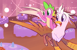 Size: 5100x3300 | Tagged: source needed, safe, artist:meekcheep, spike, oc, oc:silver quill, classical hippogriff, hippogriff, g4, absurd resolution, banquet, non-pony oc, ponycon