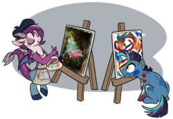 Size: 4281x2952 | Tagged: source needed, safe, artist:jadedjynx, princess cadance, shining armor, twilight sparkle, oc, oc:mirage, oc:tiebreaker, draconequus, earth pony, pony, g4, fine art parody, high res, paintbrush, painting, ponycon