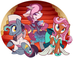 Size: 3478x2748 | Tagged: source needed, safe, artist:jadedjynx, oc, oc only, oc:bowtie, oc:mirage, oc:tiebreaker, draconequus, earth pony, pegasus, pony, clothes, dress, high res, ponycon, suit