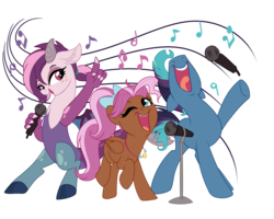 Size: 4500x3600 | Tagged: safe, artist:jadedjynx, oc, oc only, oc:bowtie, oc:mirage, oc:tiebreaker, draconequus, earth pony, pegasus, pony, absurd resolution, better source needed, draconequus oc, earth pony oc, microphone, music notes, nose in the air, pegasus oc, ponycon, simple background, singing, transparent background, trio