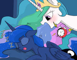 Size: 990x773 | Tagged: safe, artist:2074, princess celestia, princess luna, g4, alarm clock, clock, drool, eyes closed, floppy ears, fluffy, glare, missing accessory, open mouth, prone, royal sisters, sleeping, smiling, yelling, zzz