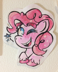 Size: 998x1234 | Tagged: safe, artist:cutenerdybean23, pinkie pie, pony, g4, cute, diapinkes, female, freckles, happy, one eye closed, solo, traditional art, watercolor painting, wink
