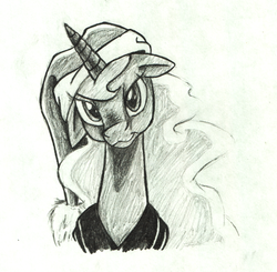 Size: 1328x1304 | Tagged: safe, artist:naivintage, princess luna, pony, g4, bust, christmas, female, floppy ears, hat, hearth's warming eve, holiday, monochrome, portrait, santa hat, sketch, solo