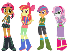 Size: 691x511 | Tagged: safe, artist:pegasisj12, apple bloom, babs seed, scootaloo, sweetie belle, equestria girls, g4, alternate hairstyle, cutie mark crusaders, equestria girls-ified, hair dye, rock, simple background, white background