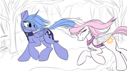 Size: 7680x4320 | Tagged: safe, artist:aurelleah, princess celestia, princess luna, pony, g4, absurd resolution, female, filly, filly celestia, filly luna, pink-mane celestia, river, royal sisters, running, s1 luna, sketch, smiling, snow, solo, stream, wip, woona, younger