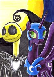 Size: 1653x2338 | Tagged: safe, artist:bbqninja501st, nightmare moon, g4, christmas, crossover, implied shipping, jack skellington, the nightmare before christmas, traditional art