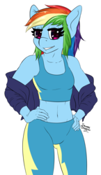 Size: 1235x2130 | Tagged: safe, artist:salamishowdown, rainbow dash, pegasus, anthro, g4, belly button, clothes, female, looking at you, midriff, pants, signature, simple background, solo, sports bra, transparent background, wonderbolt trainee uniform
