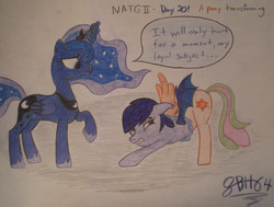 Size: 1321x1000 | Tagged: safe, artist:8-bit64, princess luna, oc, bat pony, pony, g4, duo, gritted teeth, magic, traditional art, transformation