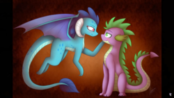 Size: 1920x1080 | Tagged: safe, artist:magicalbrownie, princess ember, spike, dragon, g4, cute, dragoness, emberbetes, female, male, older spike, ship:emberspike, shipping, sitting, spikabetes, spikelove, straight, teenage spike, teenaged dragon, teenager