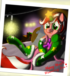 Size: 2752x2964 | Tagged: safe, artist:nuxersopus, oc, oc only, pony, unicorn, bow, christmas, clothes, high res, present, socks, solo, tongue out