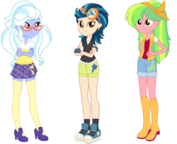Size: 3700x3000 | Tagged: safe, artist:luckyclau, indigo zap, lemon zest, sugarcoat, equestria girls, g4, alternate universe, boots, clothes, converse, crossed arms, denim, denim shorts, glasses, goggles, headband, high heels, high res, pants, shirt, shoes, shorts, simple background, tomboy, transparent background